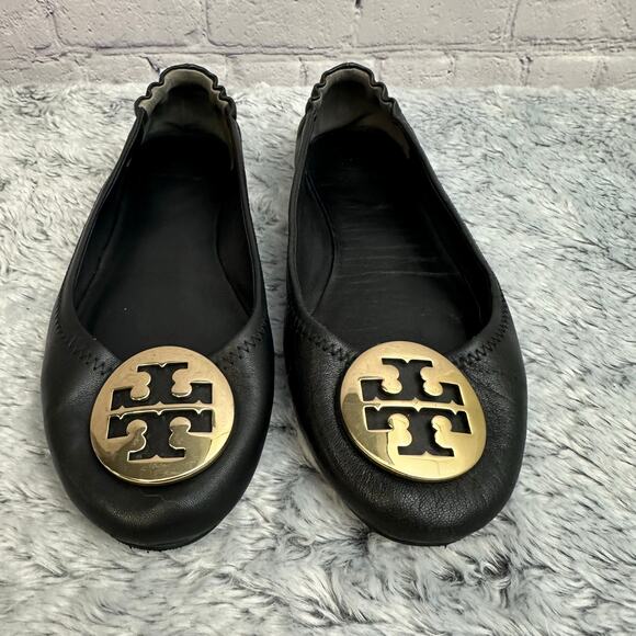 Tory Burch Minnie Ballet Flats Black Leather Gold Circle Logo Size 7M Loafers - Picture 5 of 13